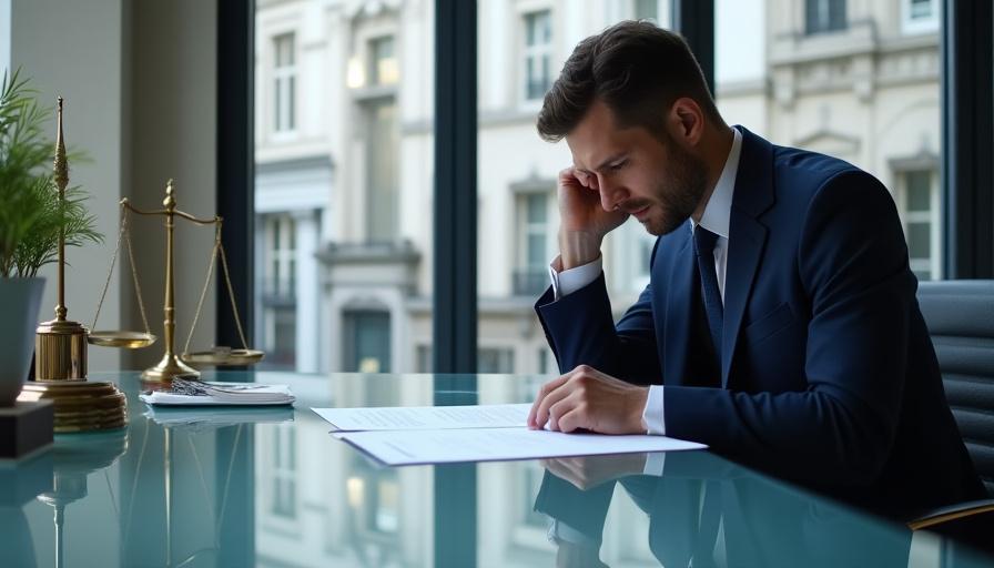 A focused legal professional reviewing documents in a modern London office environment.